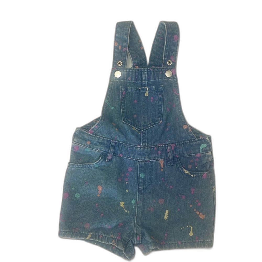 Denim Overall Shorts Size 3T Adjustable Straps 3 Pockets Paint-Splatter
